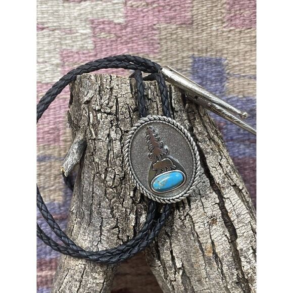 TURQUOISE BEAR SILVER BOLO LARIAT Y NECKLACE MENS WOMENS MOM DAD GIFT WESTERN - Picture 2 of 16